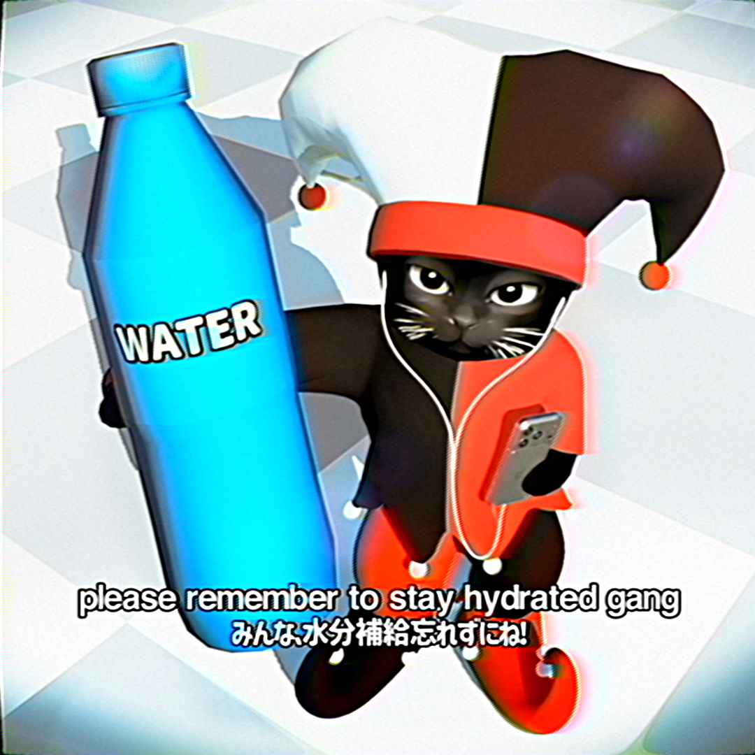 sluj cat, jester with water bottle